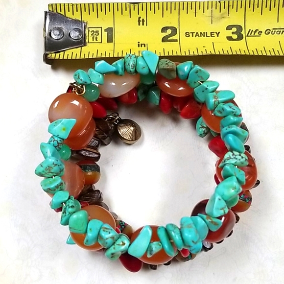 Hand Crafted Boho Tibetan Agate, Turquoise and Amber Wrap Bracelet - Picture 15 of 16